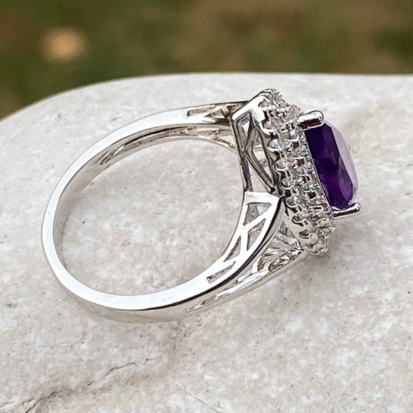 Amethyst teardrop halo ring platinum plated sz 7 brand new in box - Picture 7 of 16
